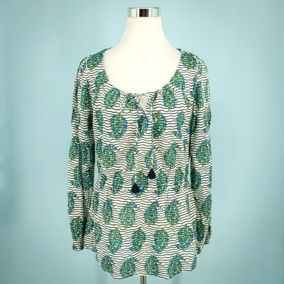 Tory Burch Size 8 Evelina Cotton Voile Stripe Floral Print Scoop Tie Cotton Top - Picture 1 of 7